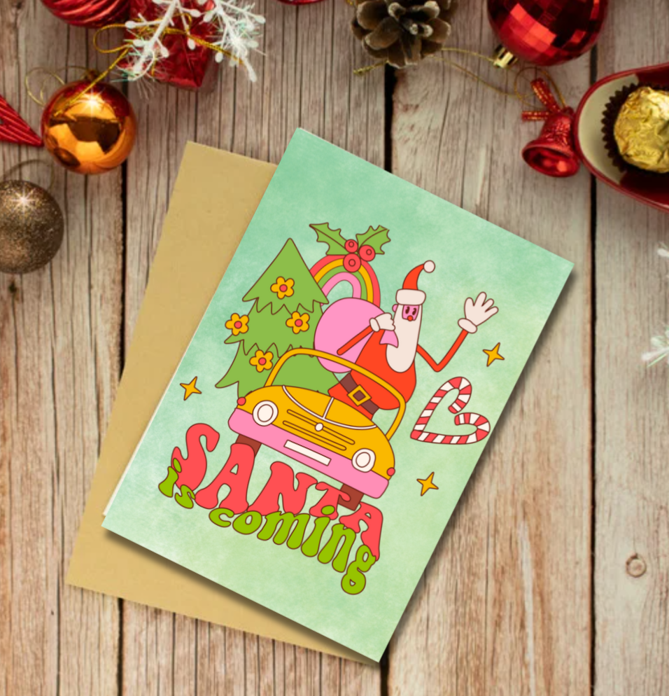 Retro Santa Is Coming Christmas Card – Fun Festive Holiday Greeting