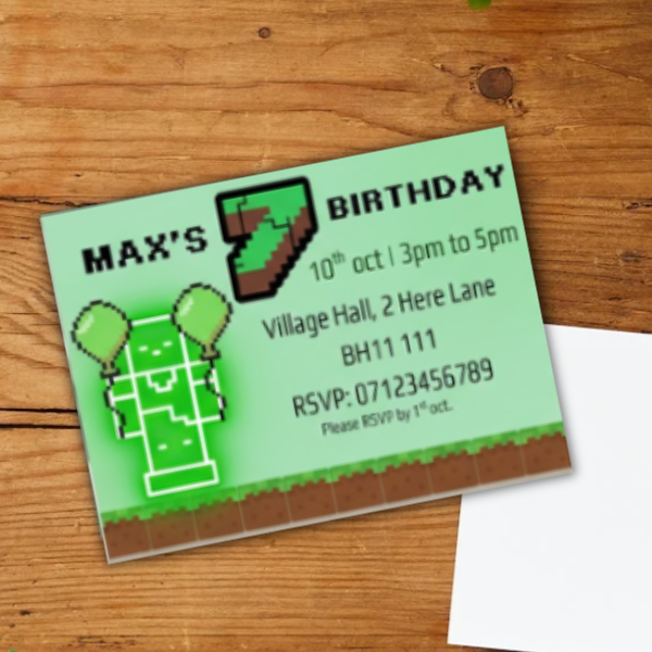 Personalised Minecraft Birthday Invitation | Birthday Party Invite | A6 with Envelope