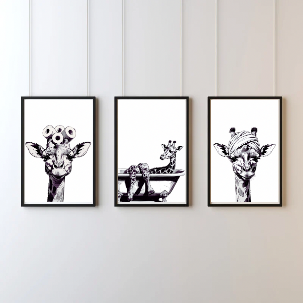 Giraffe bathroom prints set of 3