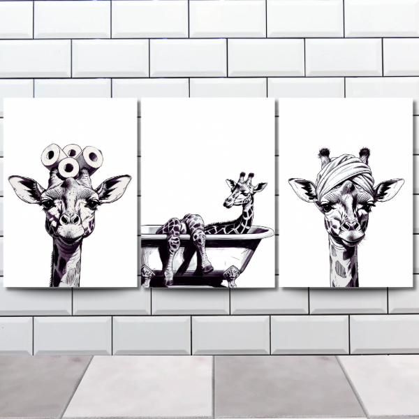Giraffe bathroom prints set of 3