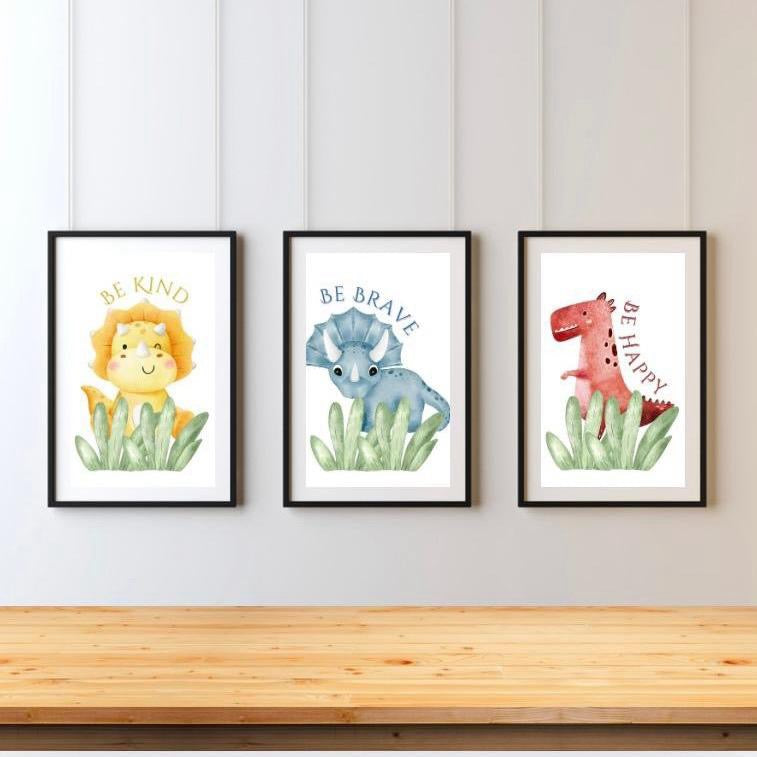 Be Kind, Be Happy, Be Brave Dino Prints Set of 3