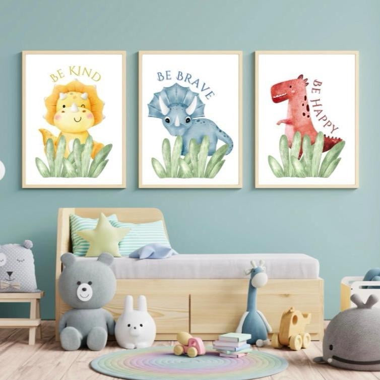 Be Kind, Be Happy, Be Brave Dino Prints Set of 3