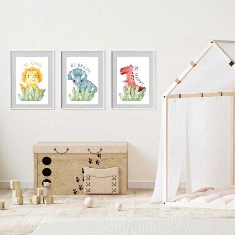 Be Kind, Be Happy, Be Brave Dino Prints Set of 3