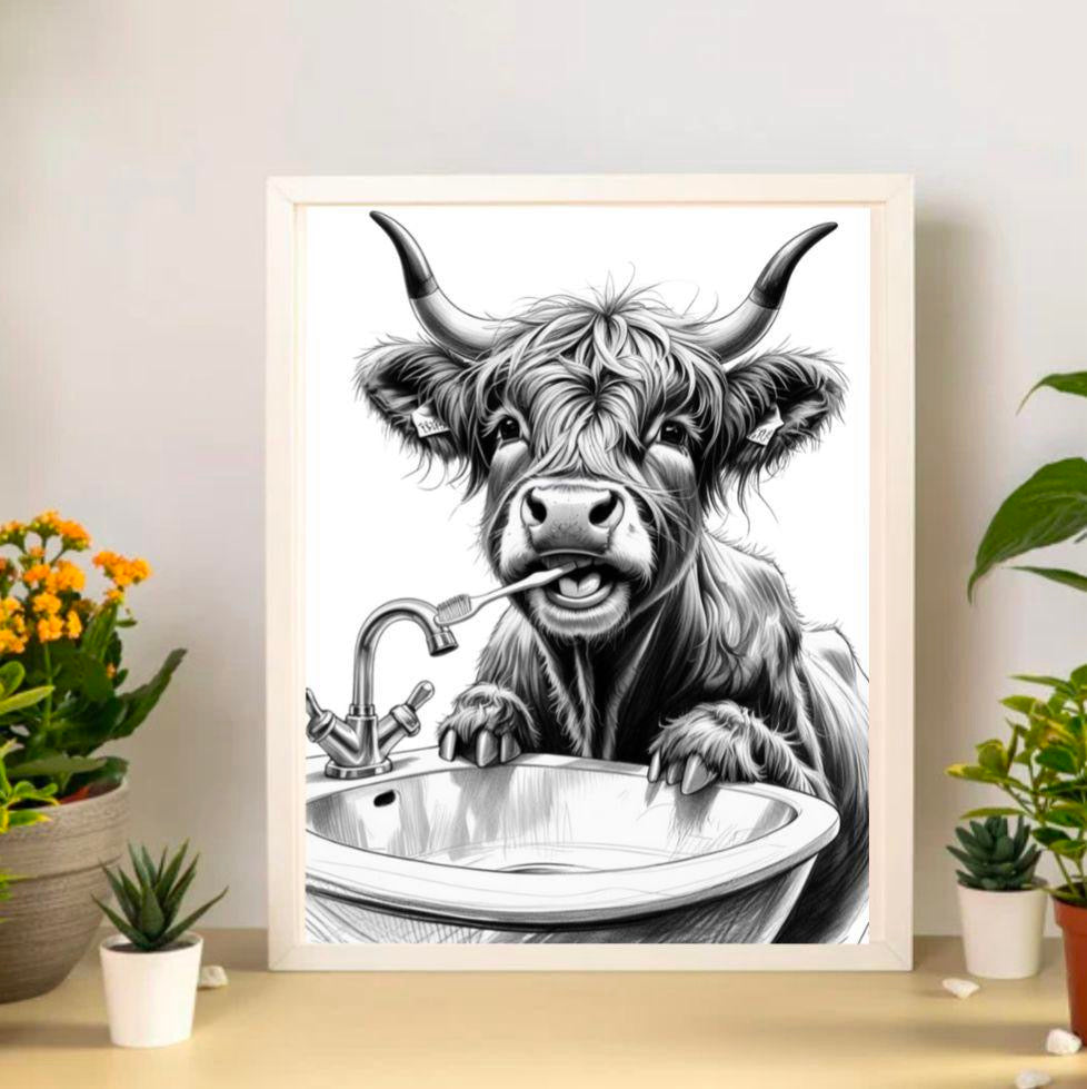 Highland Cow Brushing His Teeth Print