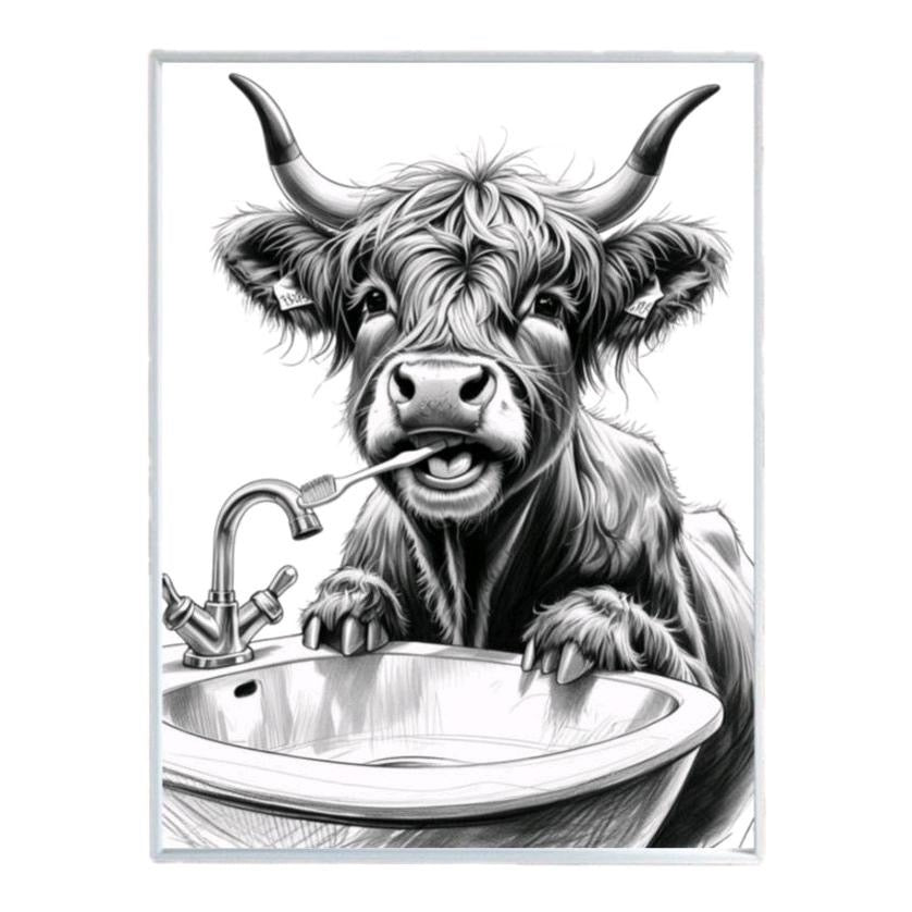 Highland Cow Brushing His Teeth Print