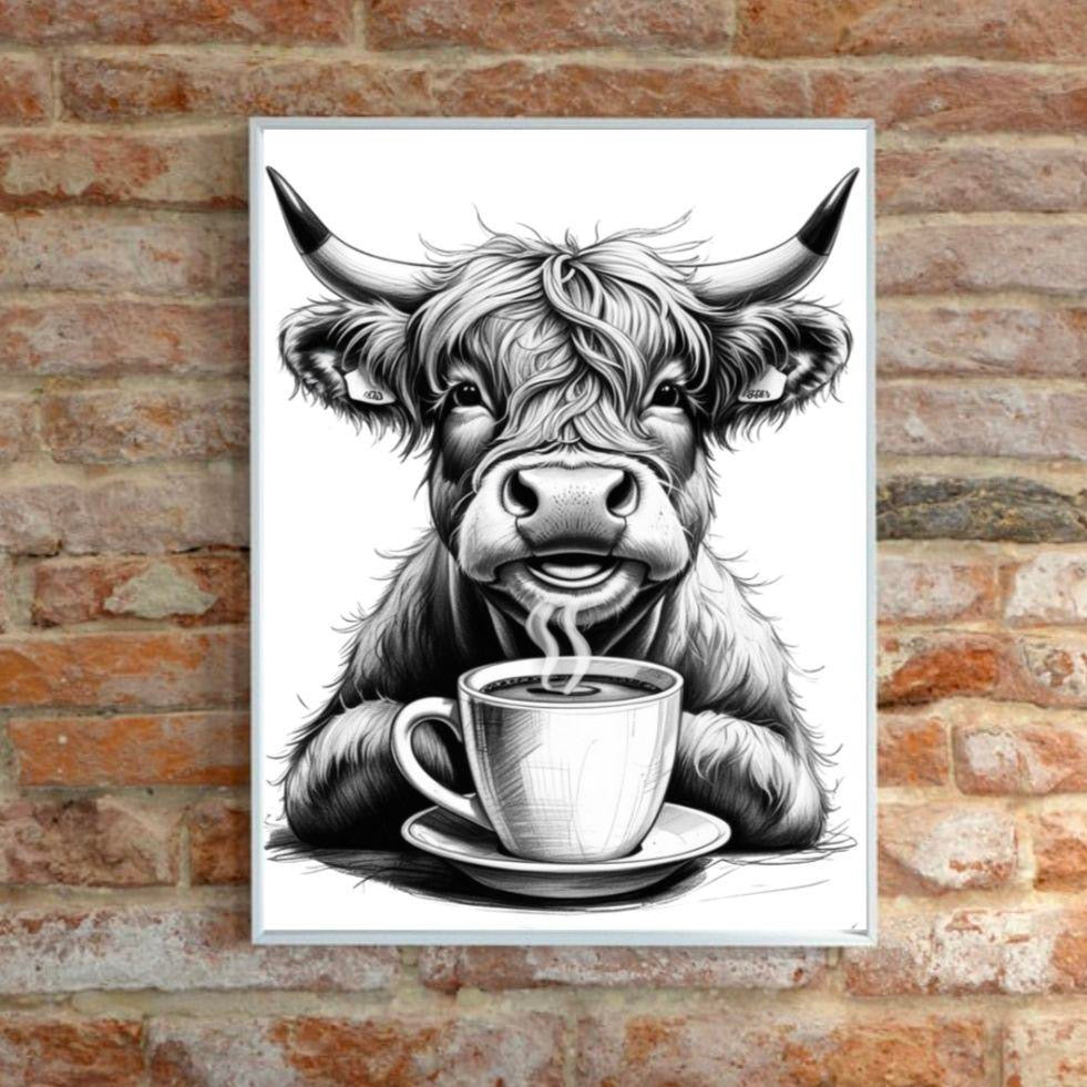 Highland Cow Drinking Coffee