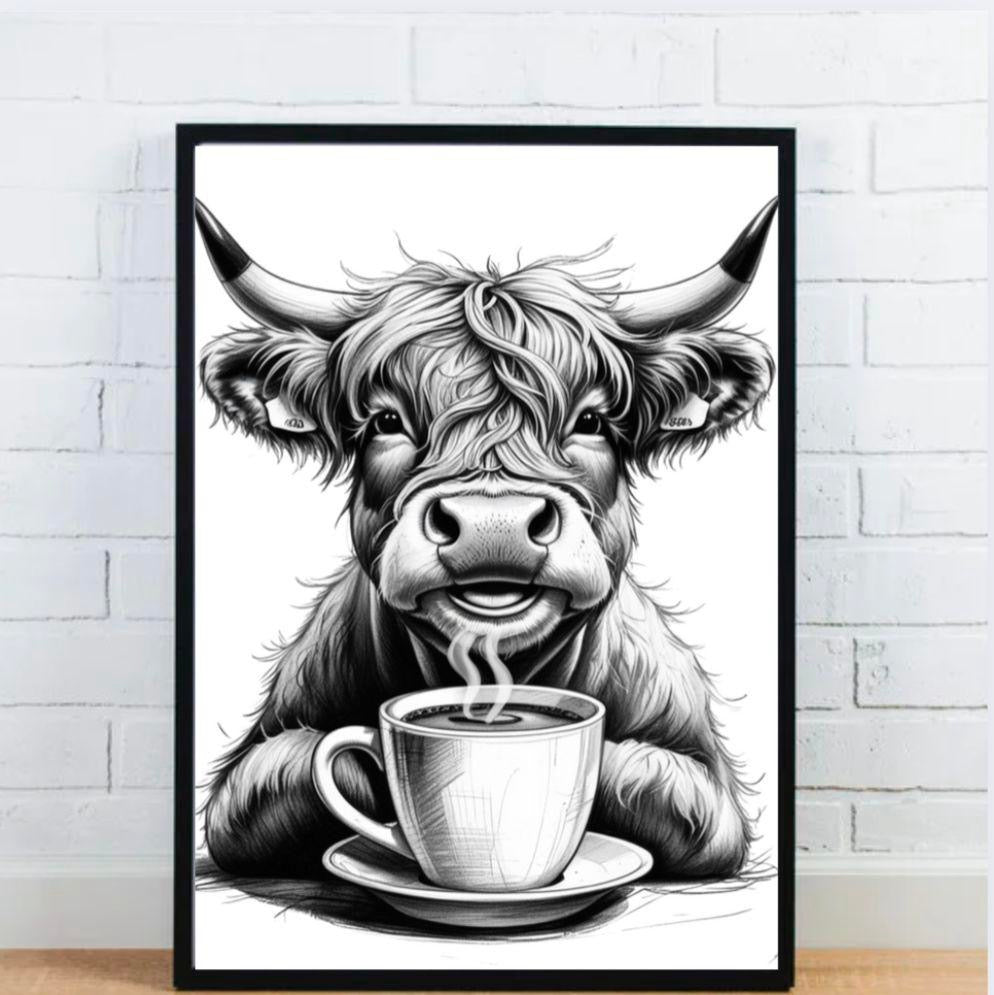 Highland Cow Drinking Coffee