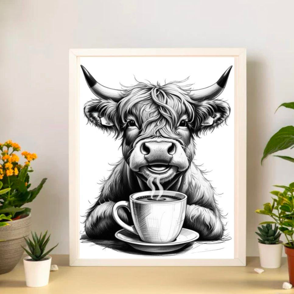 Highland Cow Drinking Coffee