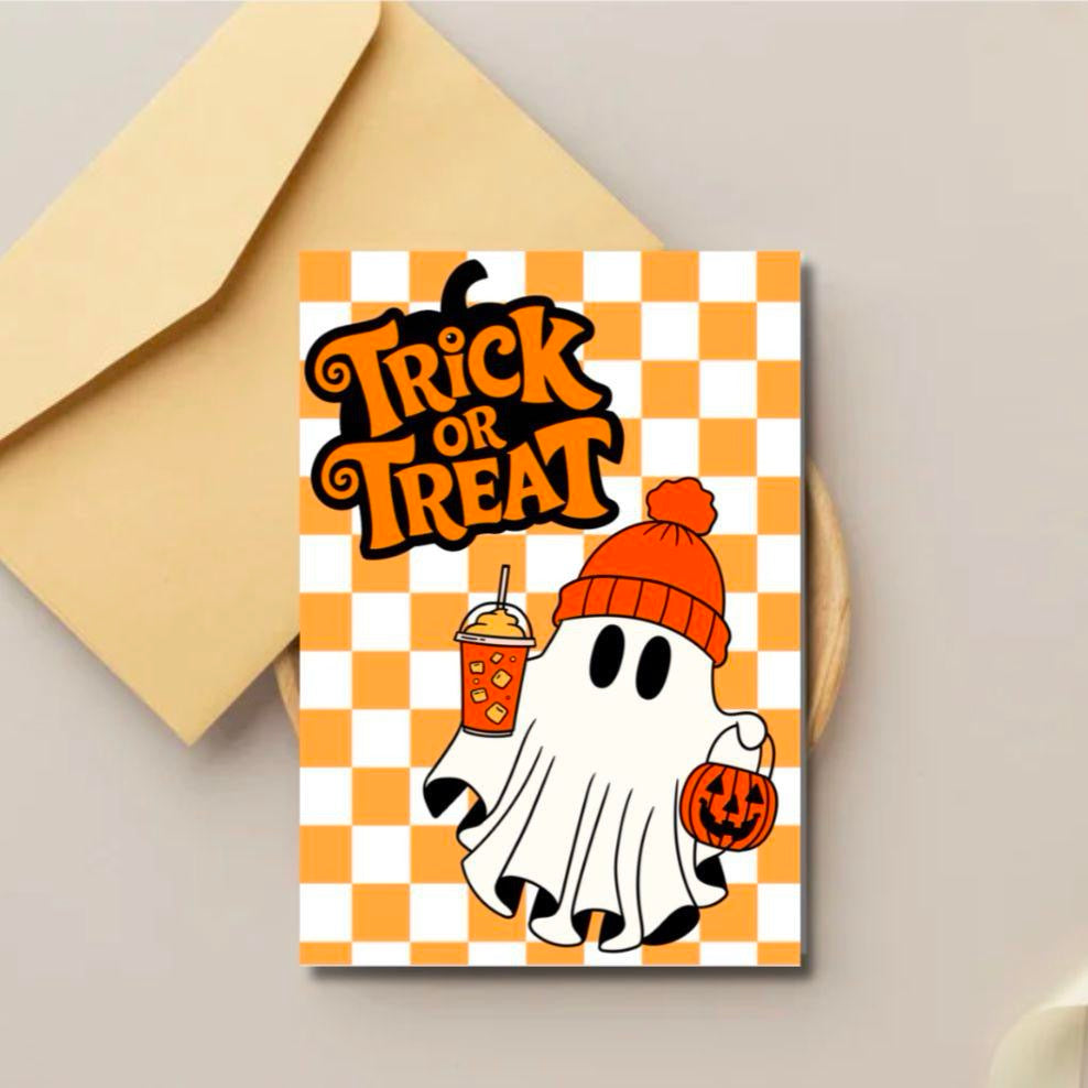 Trick or Treat Halloween Card – Cute Ghost with Pumpkin