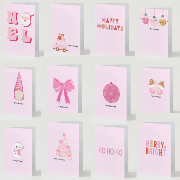 Pack of 12 Pink Christmas Cards – Modern Pastel Festive Designs with Envelopes. Size A6