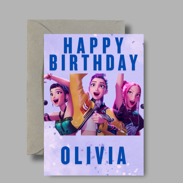 Personalised K-Pop demon hunters A5 birthday card.