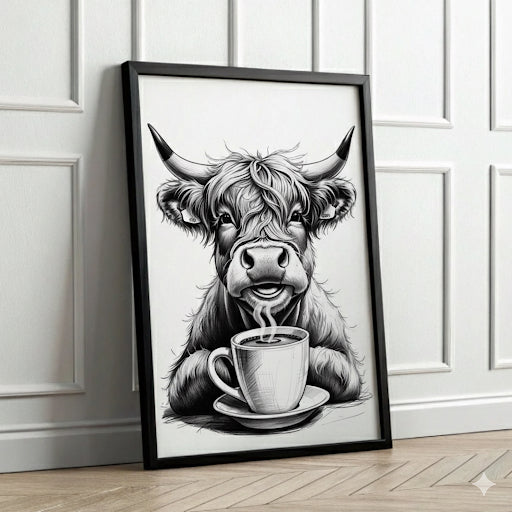 Highland Cow Drinking Coffee
