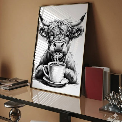 Highland Cow Drinking Coffee
