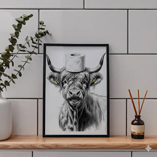 Framed artwork of a cow with a toilet paper roll on its head, displayed on a shelf.