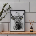 Framed artwork of a cow with a toilet paper roll on its head, displayed on a shelf.