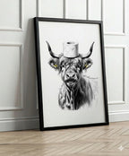 Framed artwork of a highland cow wearing a toilet paper roll on its head against a white wall.