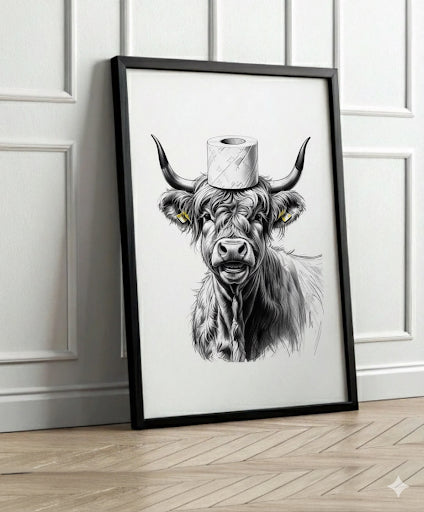 Framed artwork of a highland cow wearing a toilet paper roll on its head against a white wall.