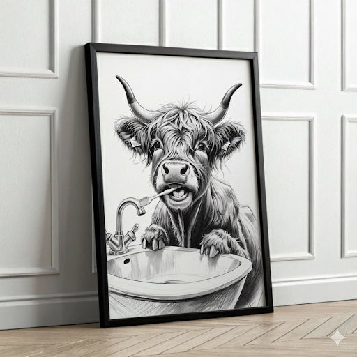 Highland Cow Brushing His Teeth Print