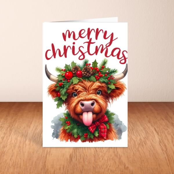 Highland Cow Christmas Card A6 A5 Or Square