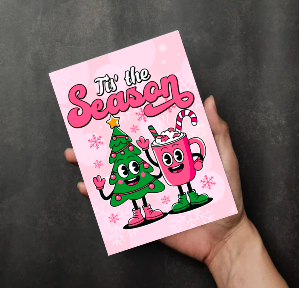 Tis the Season Christmas Card – Cute Festive Tree & Hot Chocolate Design
