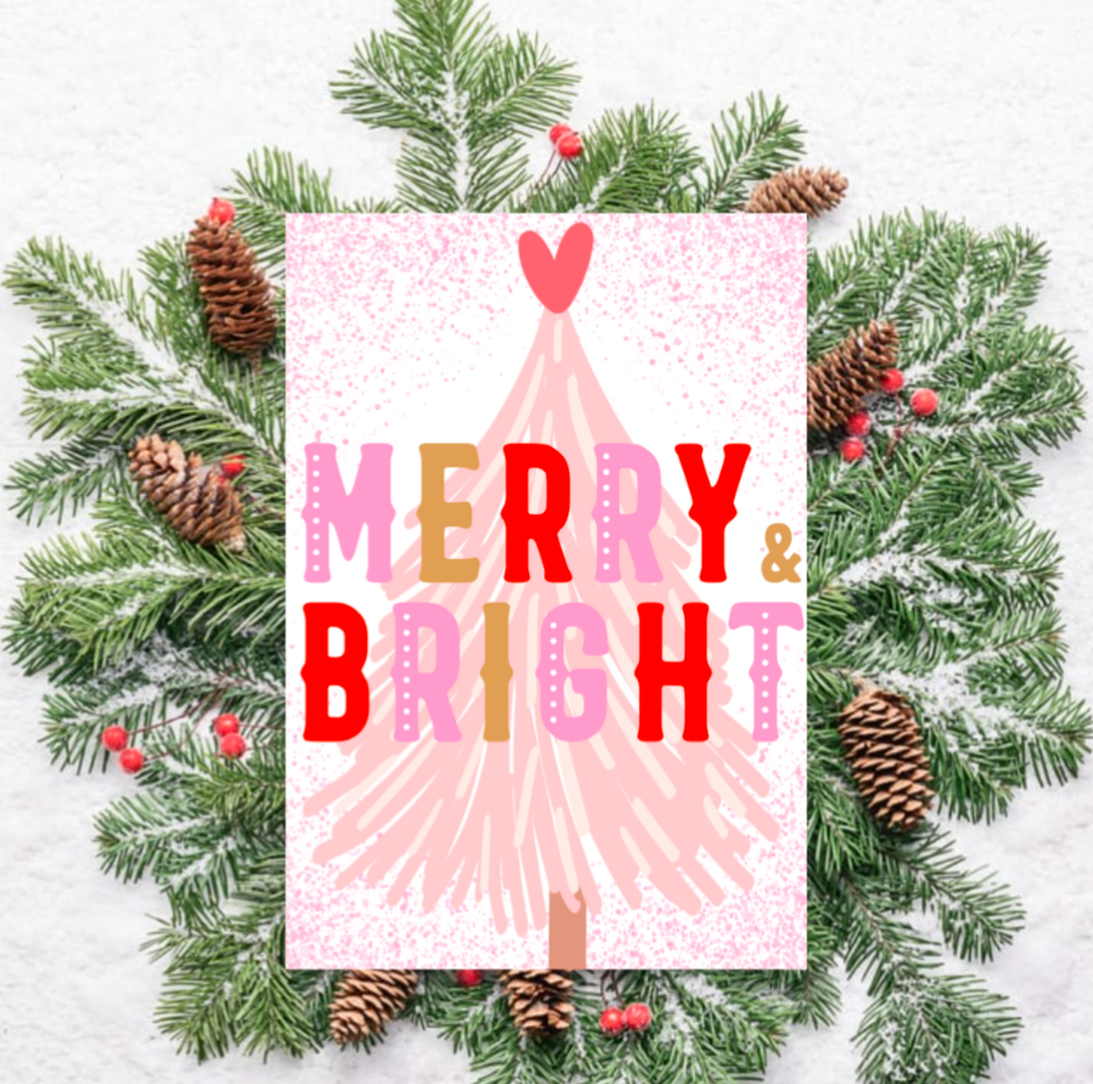 Merry & Bright Christmas Card – Pink Retro Festive Greeting