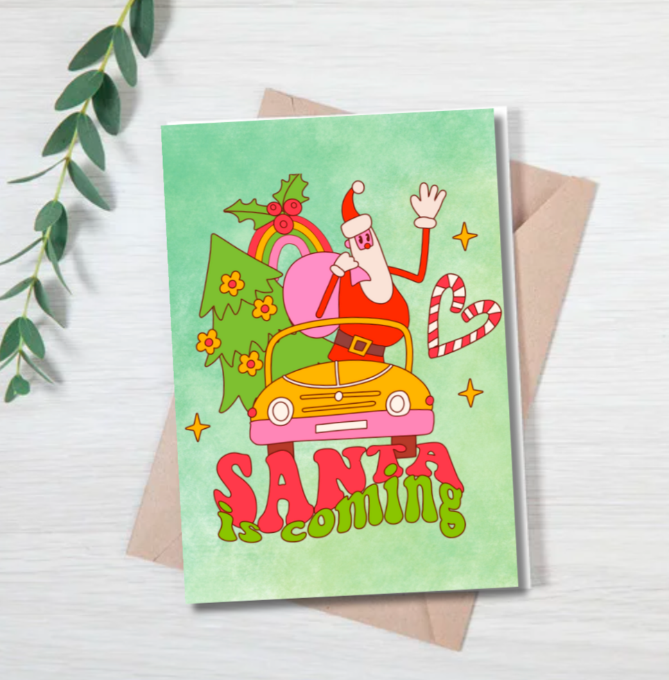 Retro Santa Is Coming Christmas Card – Fun Festive Holiday Greeting