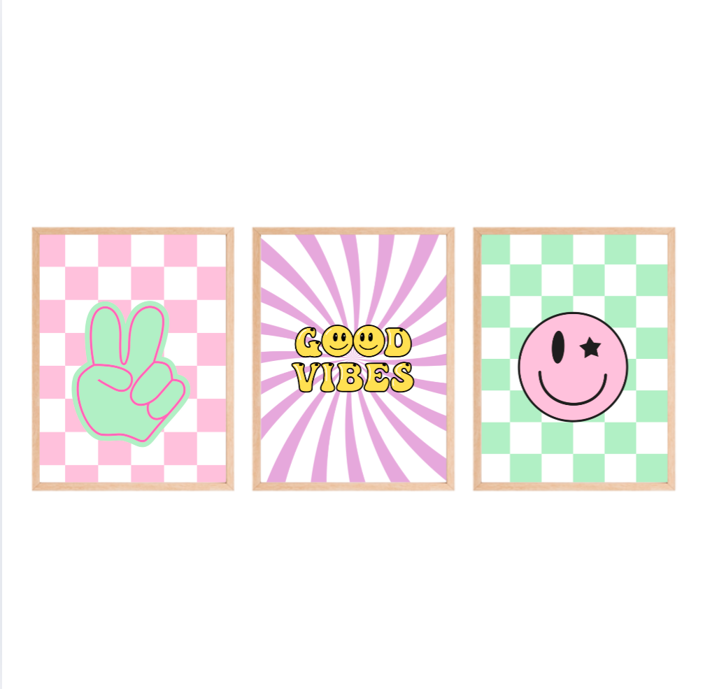 Good Vibes Wall Art Set of 3 | Retro Peace & Smiley Prints