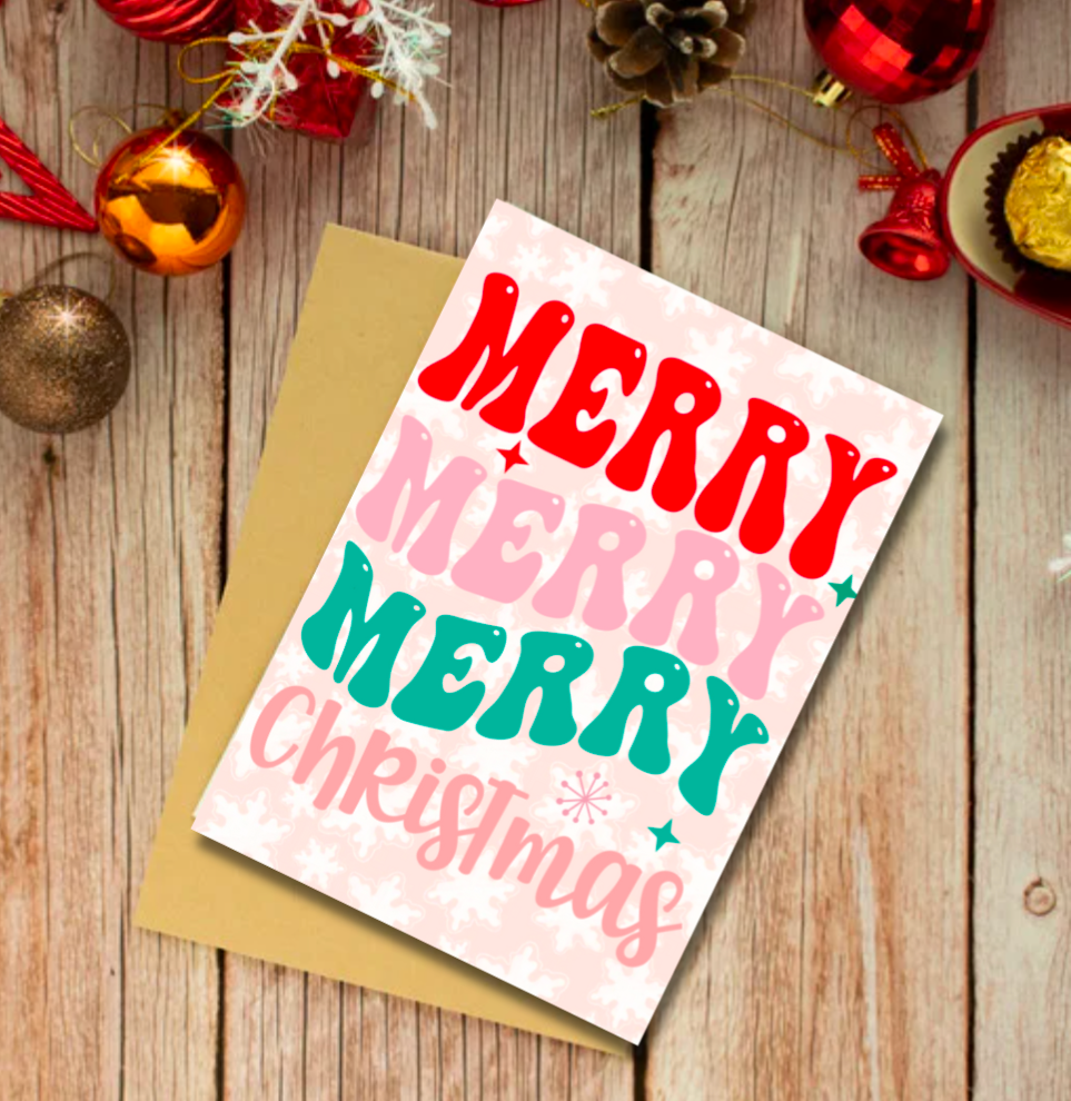 Merry Merry Merry Christmas Card – Retro Colourful Festive Design