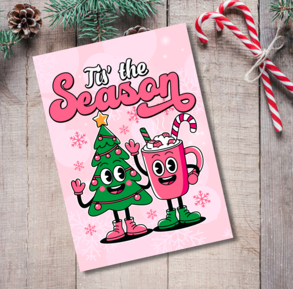 Tis the Season Christmas Card – Cute Festive Tree & Hot Chocolate Design