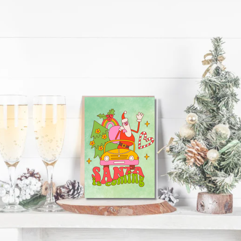 Retro Santa Is Coming Christmas Card – Fun Festive Holiday Greeting