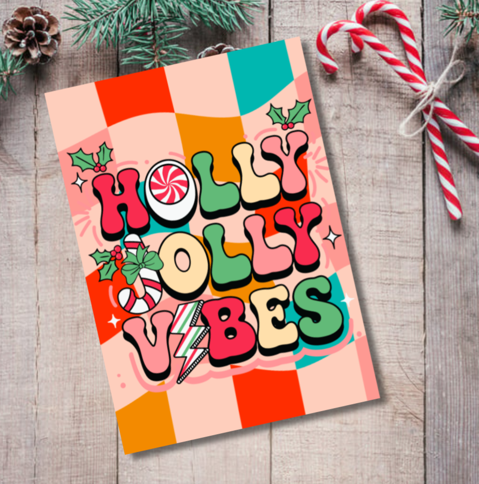 Holly Jolly Vibes Christmas Card – Retro Festive Design