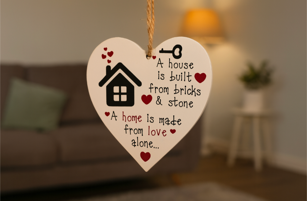 New Home Wooden Heart Plaque – A House is Built from Bricks & Stone Quote