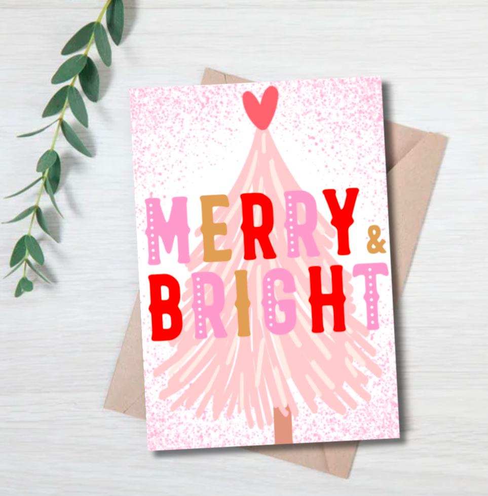 Merry & Bright Christmas Card – Pink Retro Festive Greeting