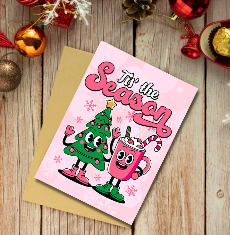 Tis the Season Christmas Card – Cute Festive Tree & Hot Chocolate Design