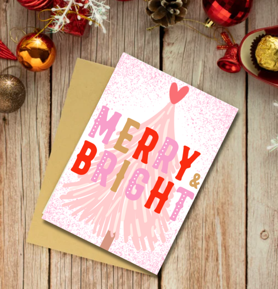 Merry & Bright Christmas Card – Pink Retro Festive Greeting
