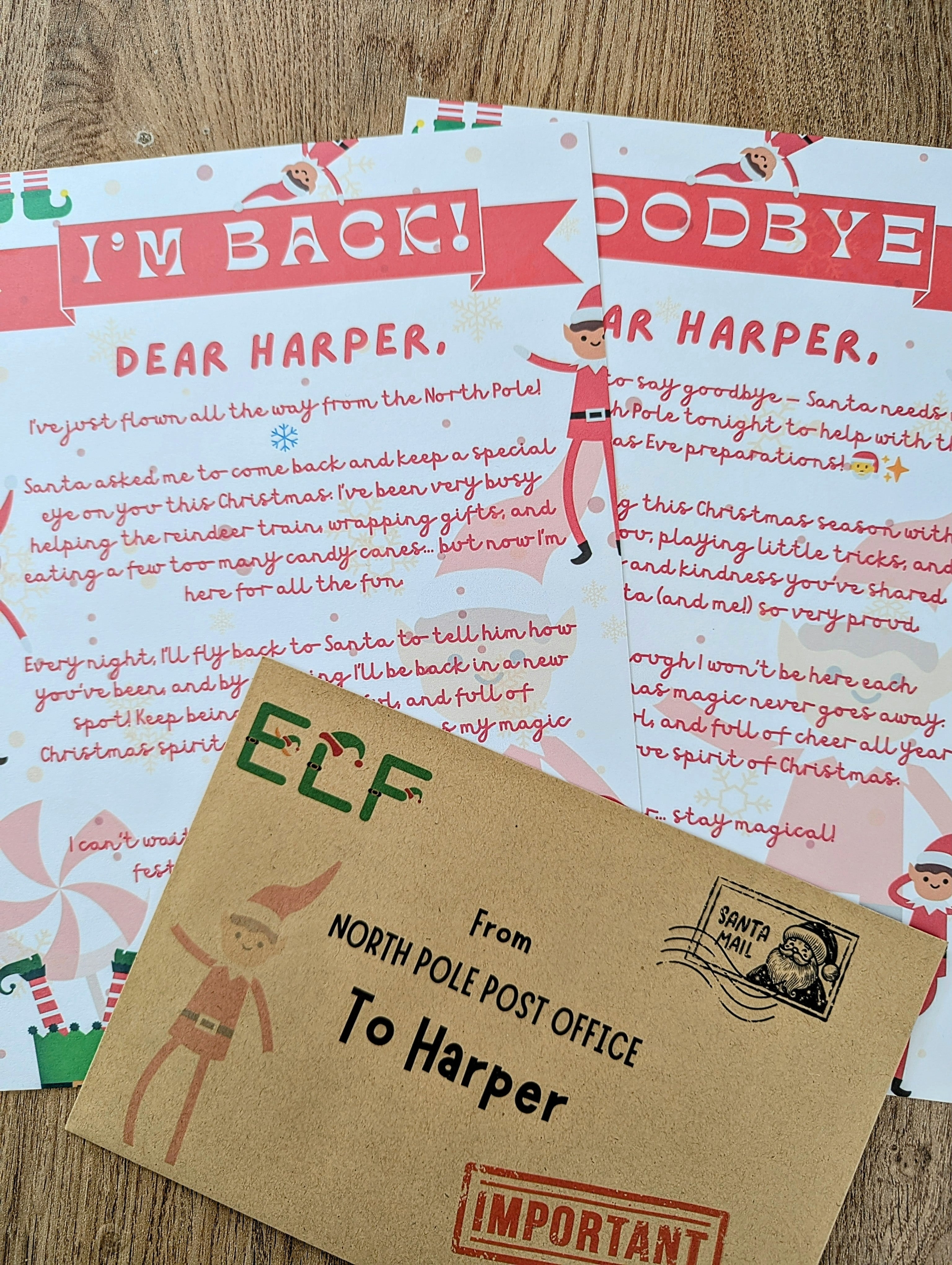 Personalised Elf Letters – I’m Back & Goodbye Set with A5 Envelopes