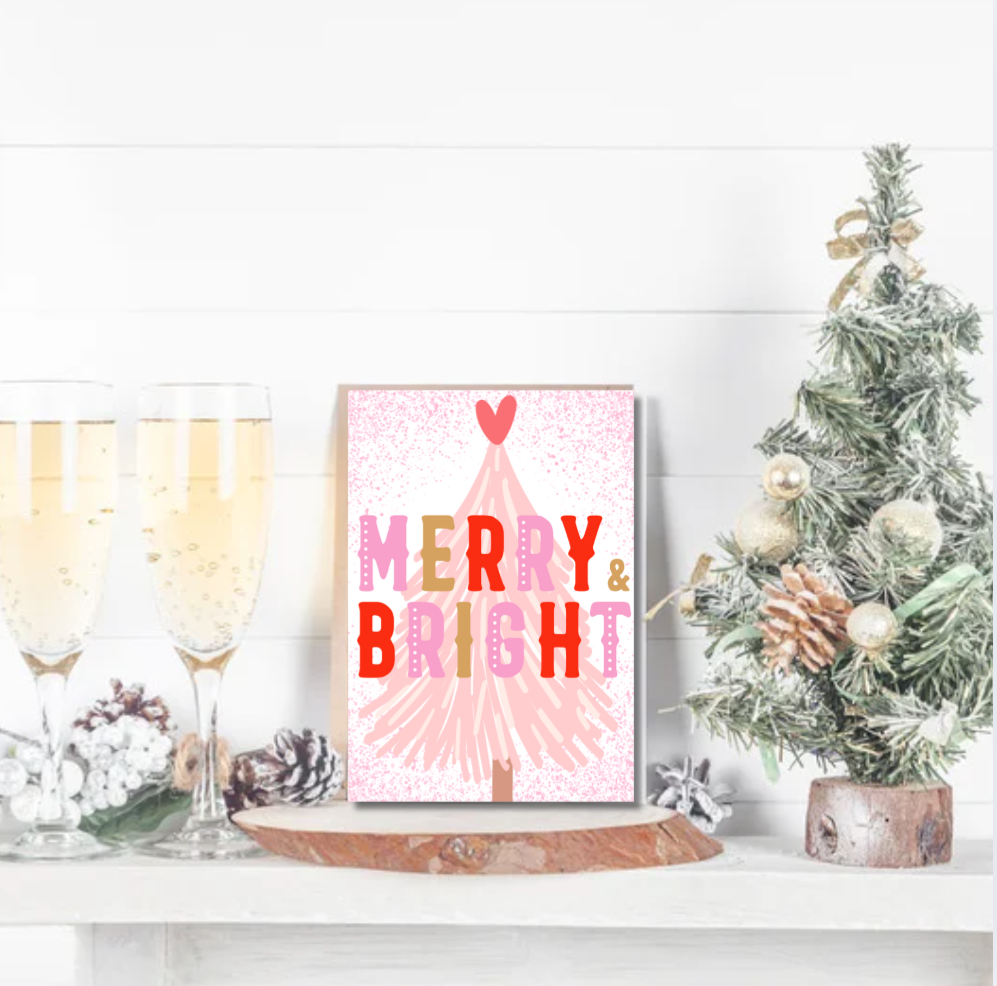 Merry & Bright Christmas Card – Pink Retro Festive Greeting