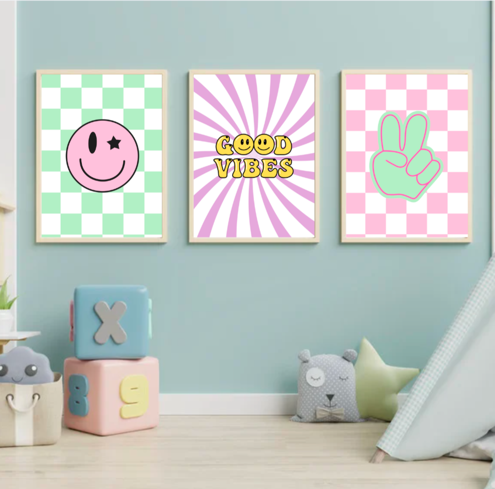 Good Vibes Wall Art Set of 3 | Retro Peace & Smiley Prints