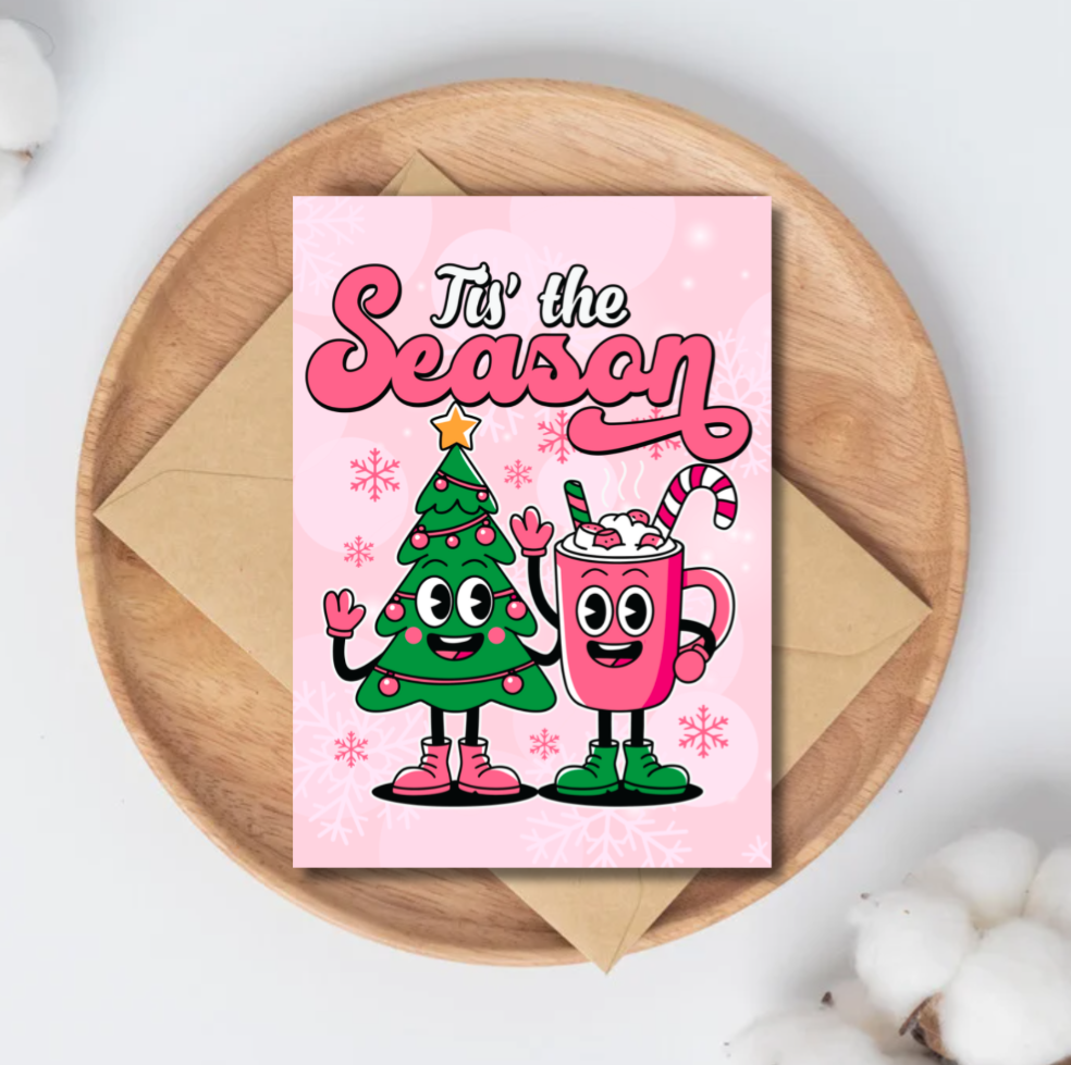 Tis the Season Christmas Card – Cute Festive Tree & Hot Chocolate Design