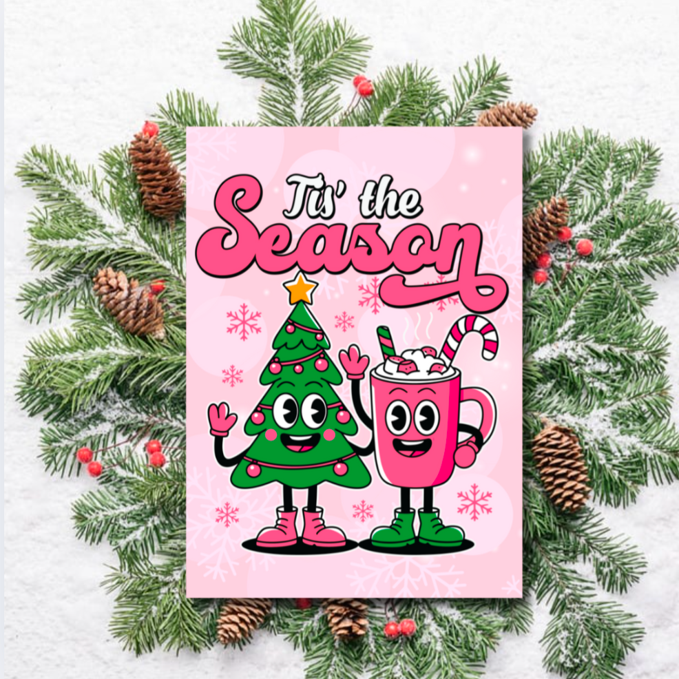 Tis the Season Christmas Card – Cute Festive Tree & Hot Chocolate Design