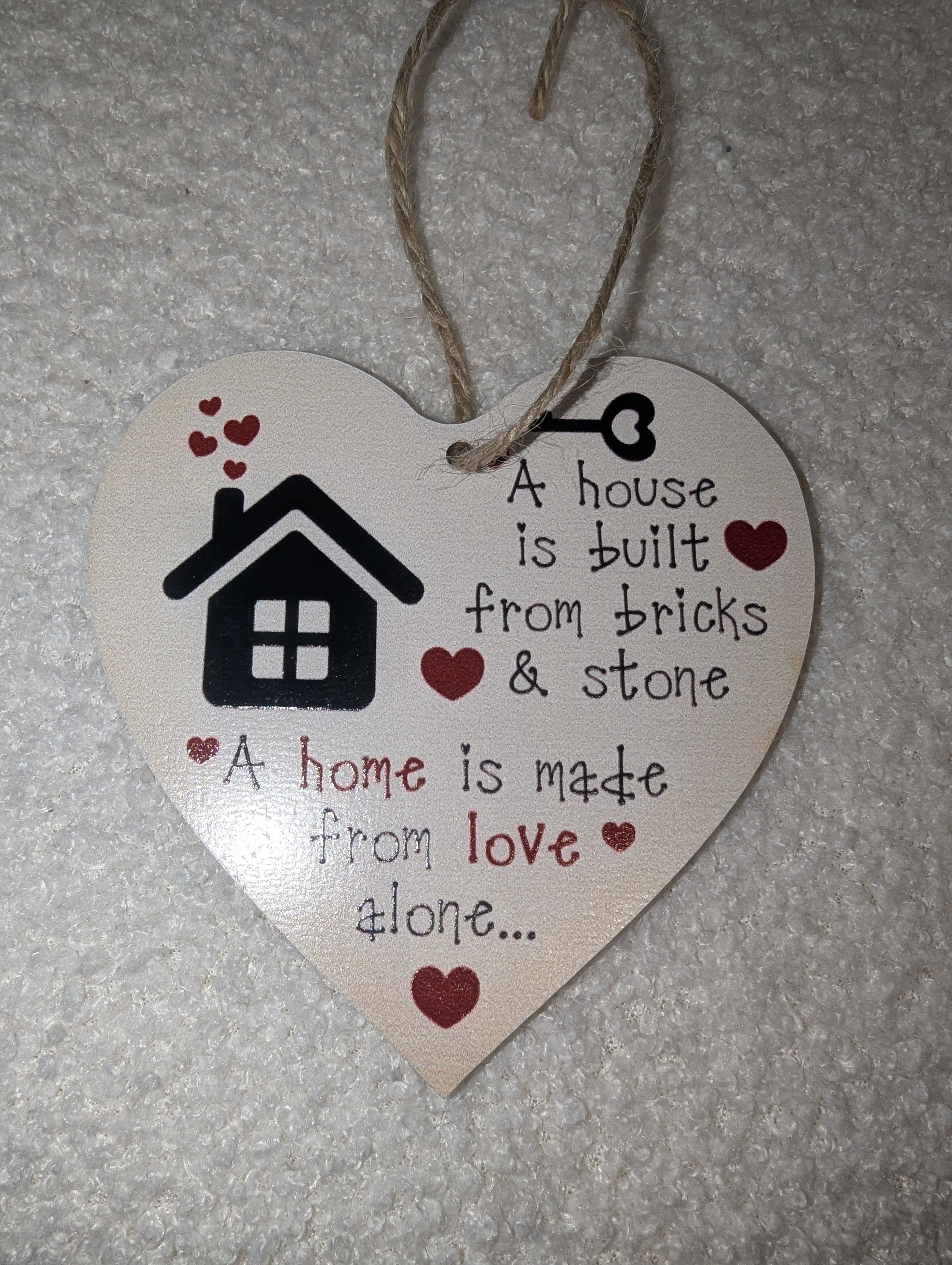 New Home Wooden Heart Plaque – A House is Built from Bricks & Stone Quote