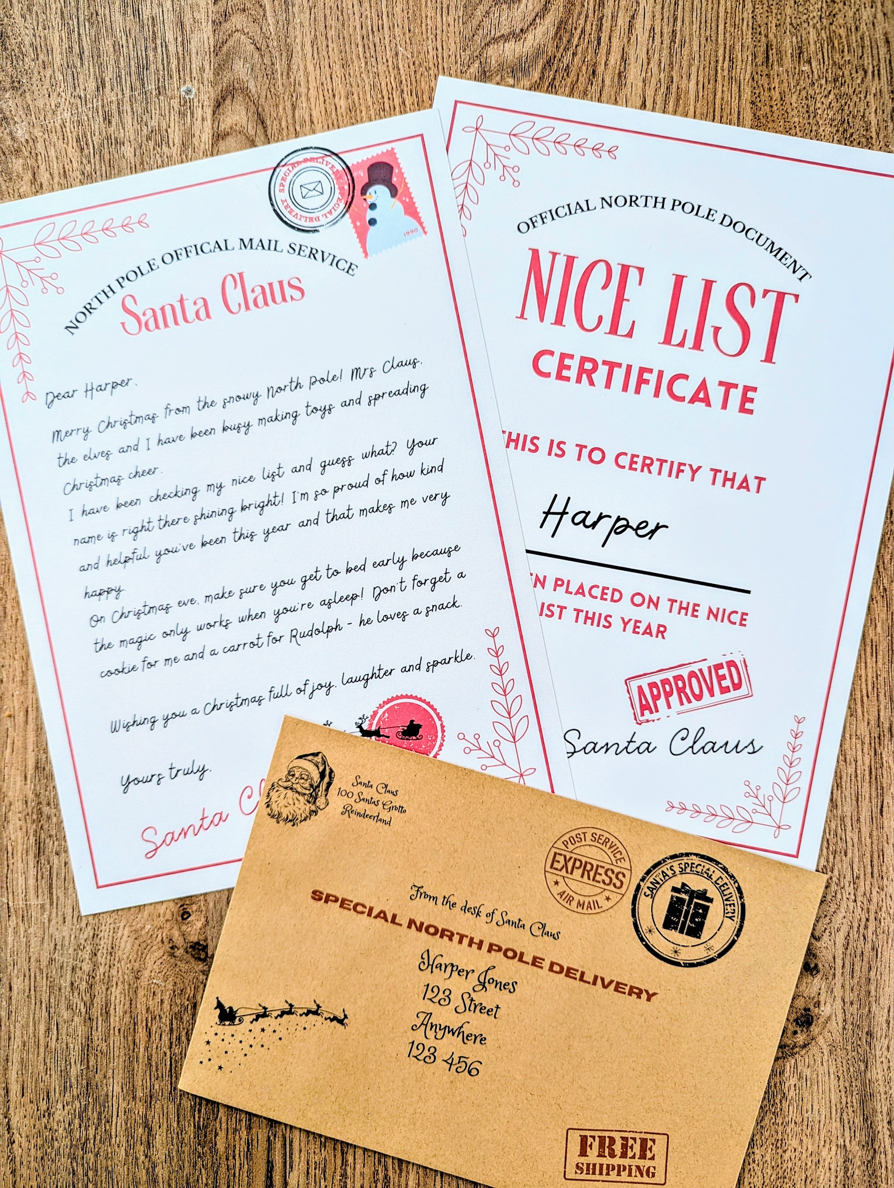 Personalised Letter from Santa & Nice List Certificate with Envelope