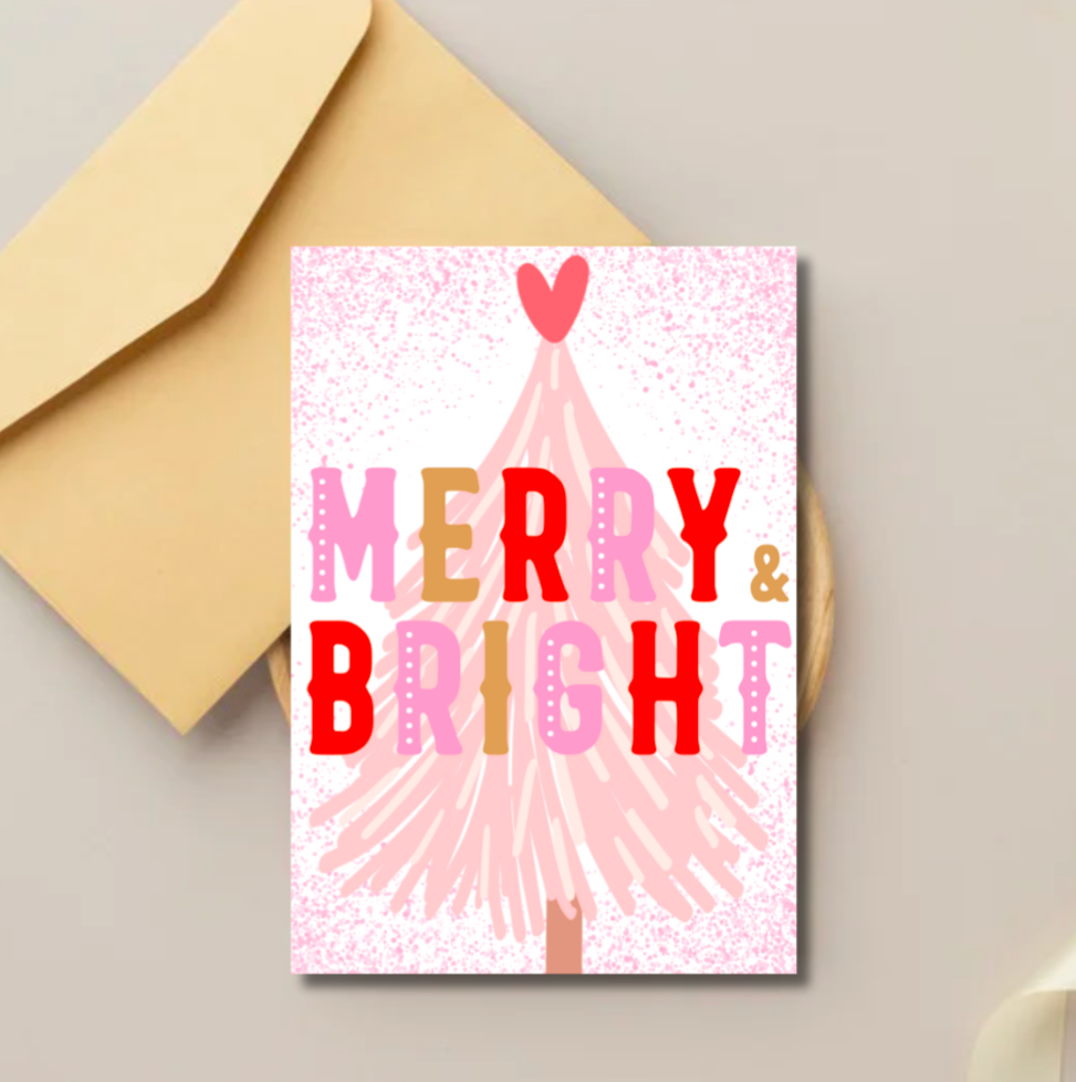 Merry & Bright Christmas Card – Pink Retro Festive Greeting