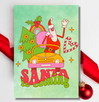 Retro Santa Is Coming Christmas Card – Fun Festive Holiday Greeting
