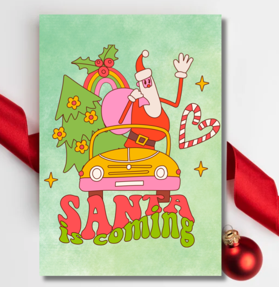 Retro Santa Is Coming Christmas Card – Fun Festive Holiday Greeting