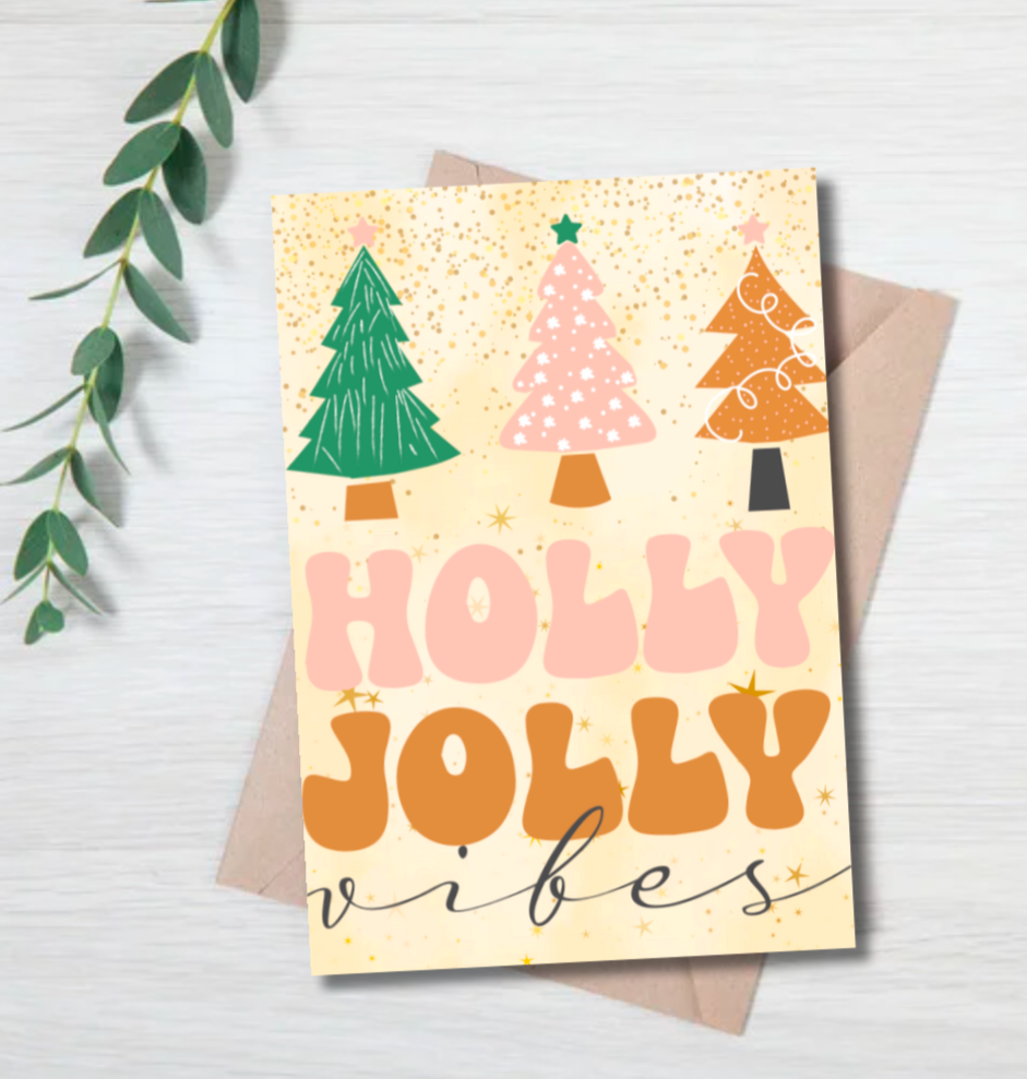Holly Jolly Vibes Christmas Card – Retro Festive Greeting Card
