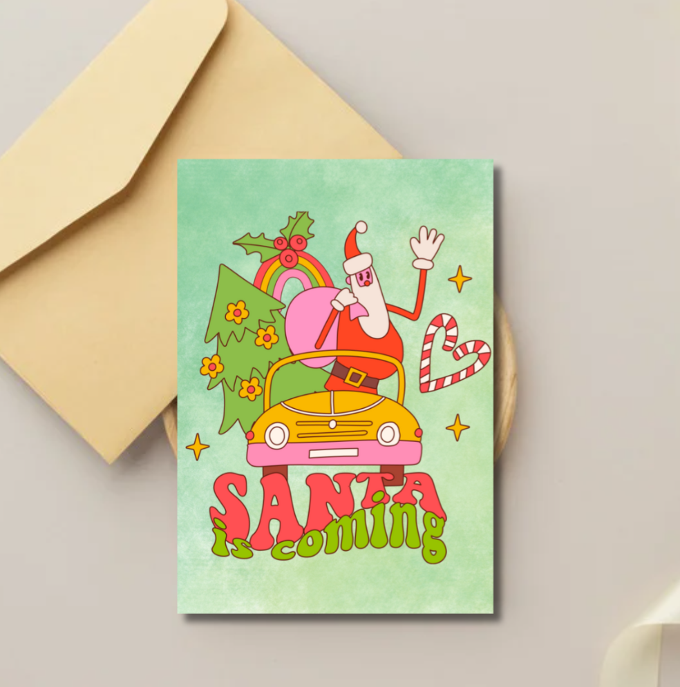 Retro Santa Is Coming Christmas Card – Fun Festive Holiday Greeting