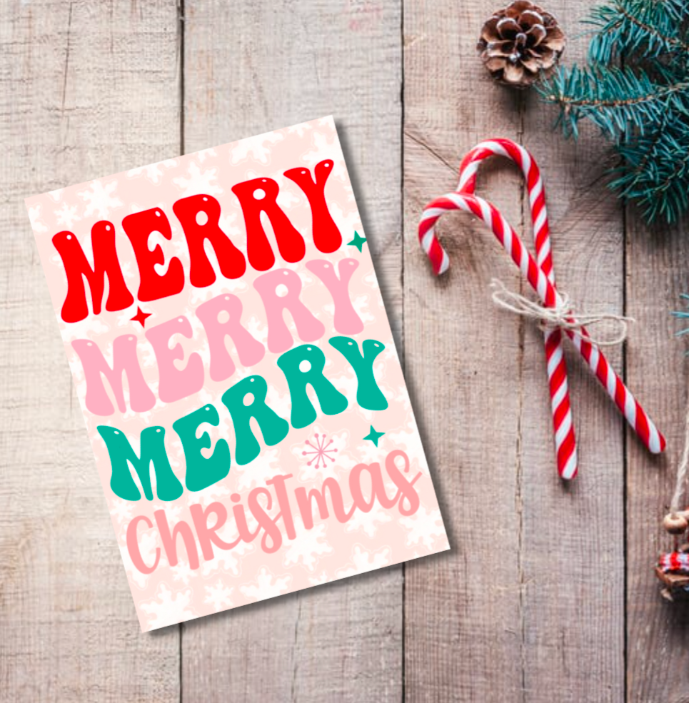 Merry Merry Merry Christmas Card – Retro Colourful Festive Design