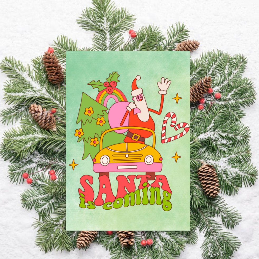 Retro Santa Is Coming Christmas Card – Fun Festive Holiday Greeting